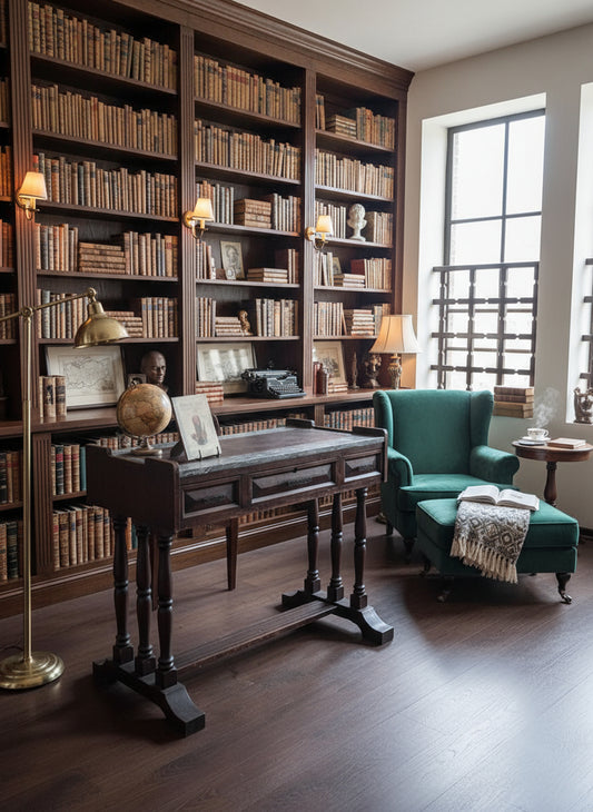 Escritorio tipo consola con tapa de mármol y estructura de madera – estilo monástico