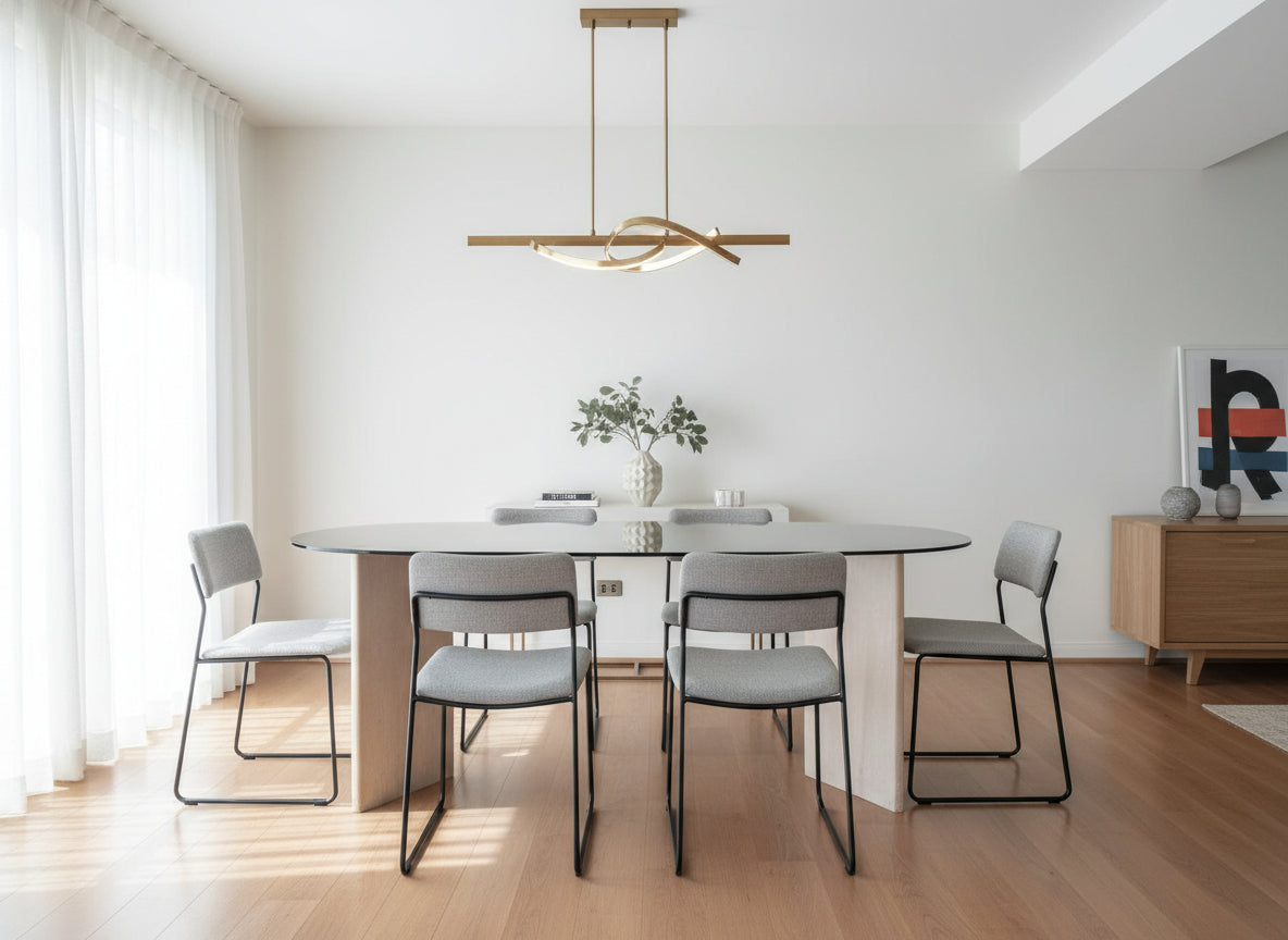 Mesa de vidrio ovalada con base de madera – elegante y versátil