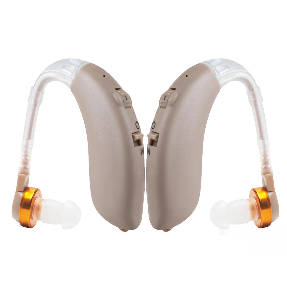Dos audífonos amplificadores de sonido para adultos , con diseño detrás de la oreja