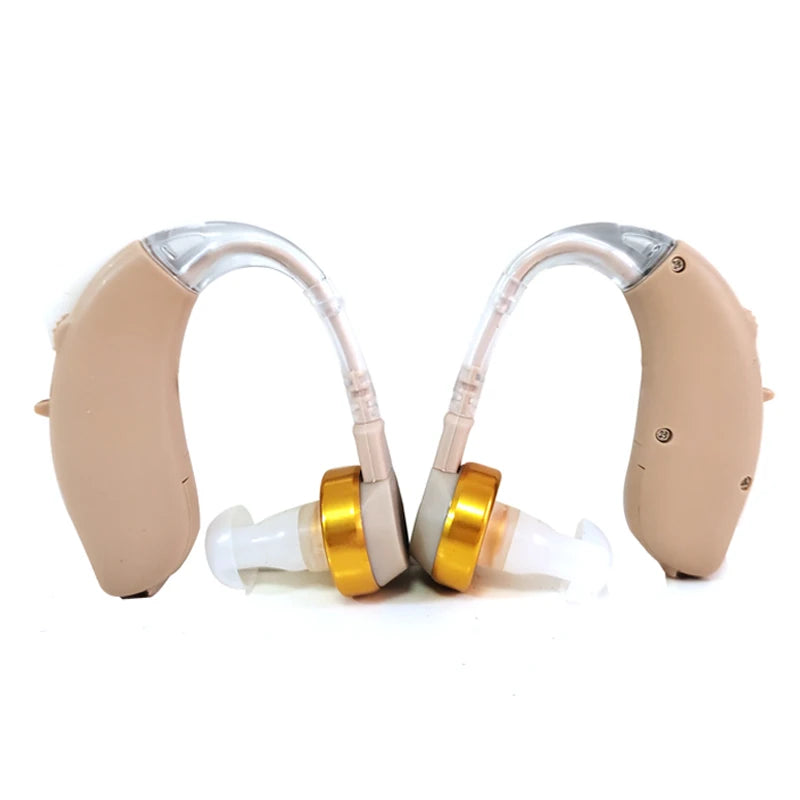 Dos audífonos amplificadores de sonido para adultos , con diseño detrás de la oreja