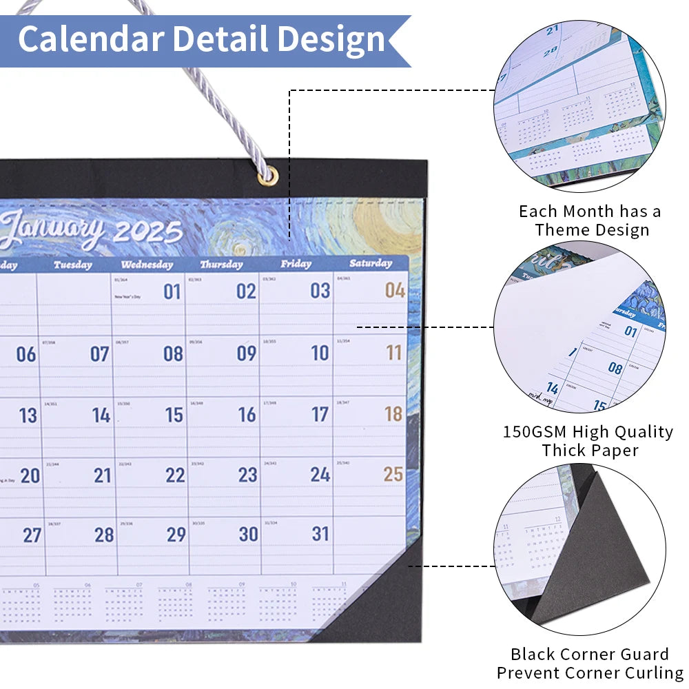 12 hojas Calendario mensual de pared de pintura vintage 2025 con cubierta impermeable, planificador semanal, seguimiento de estudio, mensajes, calendario colgante.