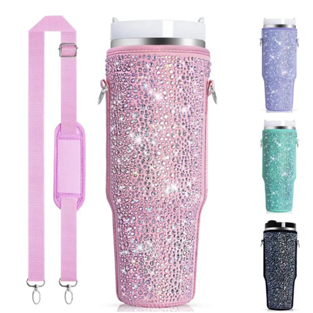 Porta Botella de  brillantes con Diseño de Diamante para Jarras Stanley de 40 OZ - Funda Portátil con Asa para Llevar y Transportar, Ideal para Accesorios de Bebida al Aire Libre.