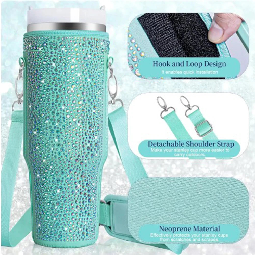 Porta Botella de  brillantes con Diseño de Diamante para Jarras Stanley de 40 OZ - Funda Portátil con Asa para Llevar y Transportar, Ideal para Accesorios de Bebida al Aire Libre.