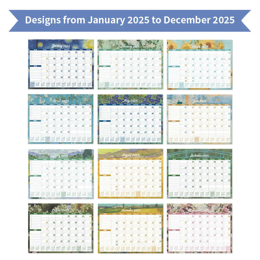 12 hojas Calendario mensual de pared de pintura vintage 2025 con cubierta impermeable, planificador semanal, seguimiento de estudio, mensajes, calendario colgante.