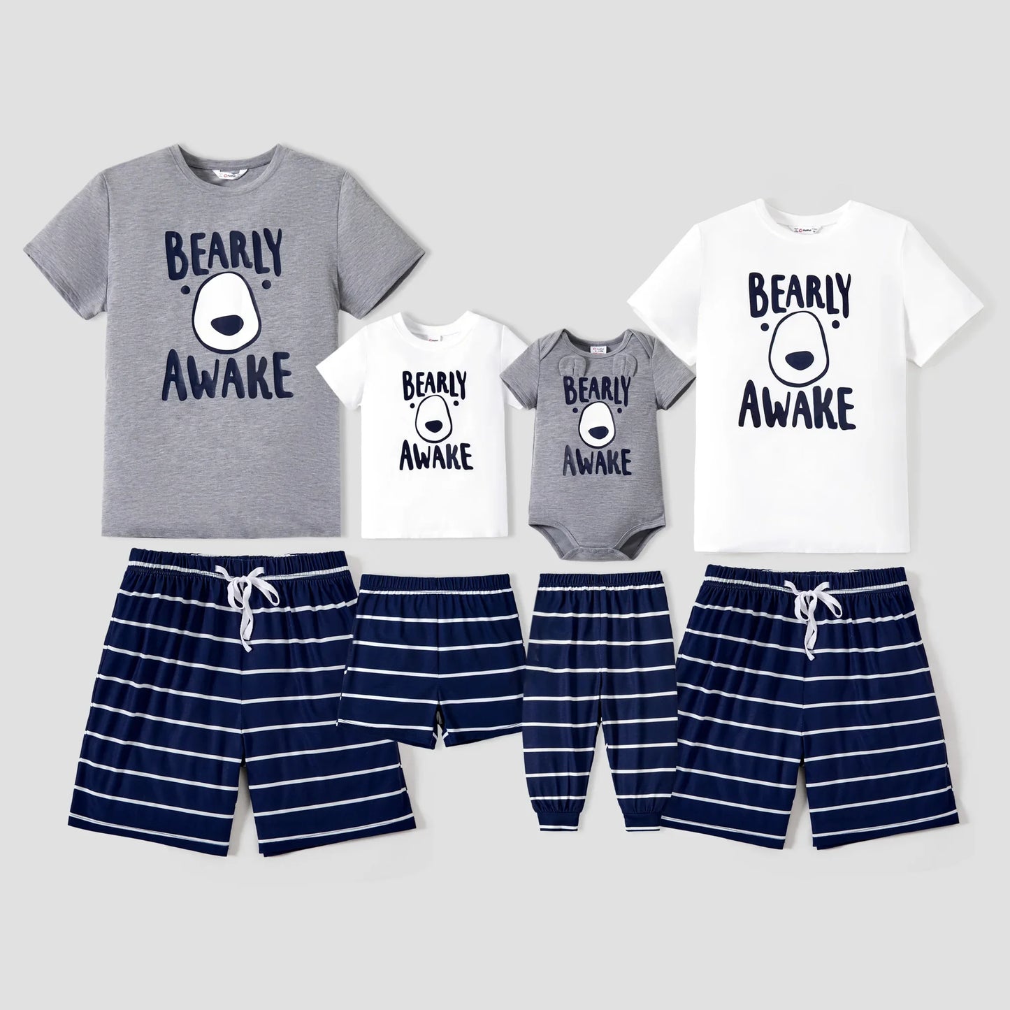 Pijamas de Verano para la Familia 'BEARLY AWAKE' con Caras de Oso y Rayas. COMPRA INTERNACIONAL