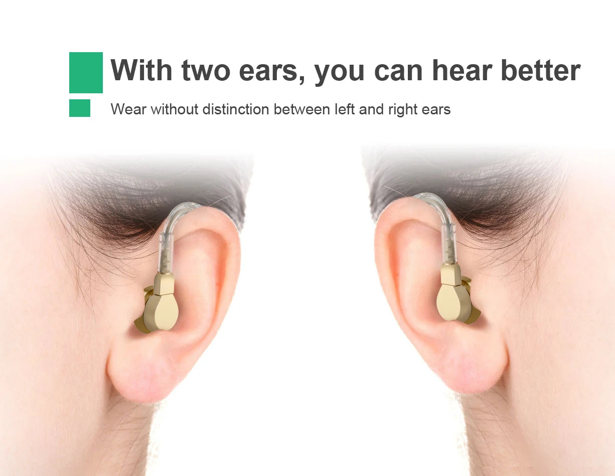 Dos audífonos amplificadores de sonido para adultos , con diseño detrás de la oreja