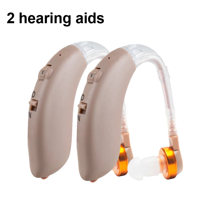 Dos audífonos amplificadores de sonido para adultos , con diseño detrás de la oreja