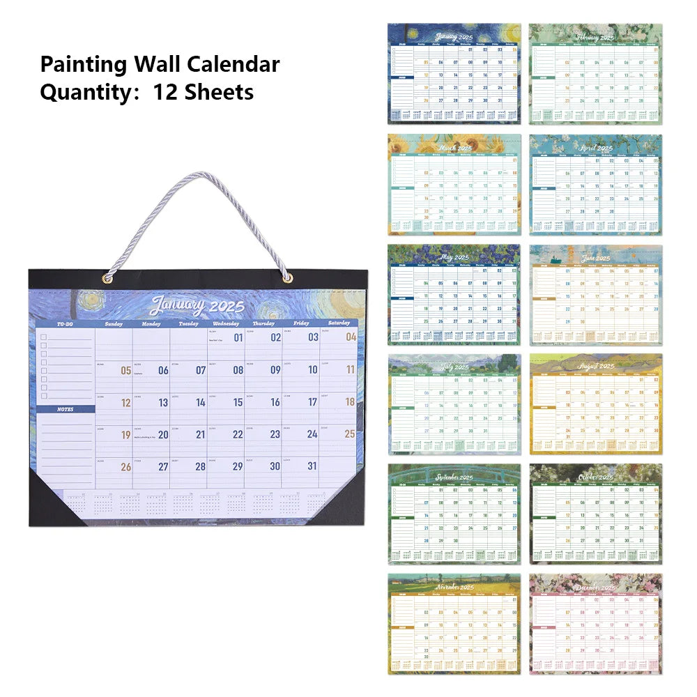 12 hojas Calendario mensual de pared de pintura vintage 2025 con cubierta impermeable, planificador semanal, seguimiento de estudio, mensajes, calendario colgante.