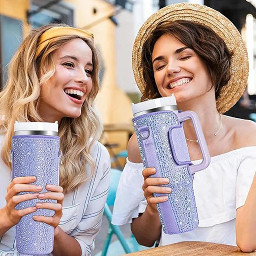 Porta Botella de  brillantes con Diseño de Diamante para Jarras Stanley de 40 OZ - Funda Portátil con Asa para Llevar y Transportar, Ideal para Accesorios de Bebida al Aire Libre.