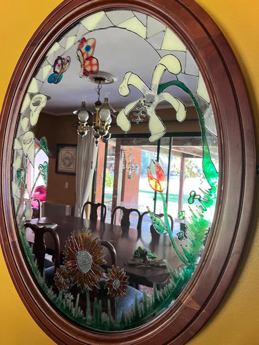 Espejo ovalado pintado a mano – pieza artística de 80 x 70 cm